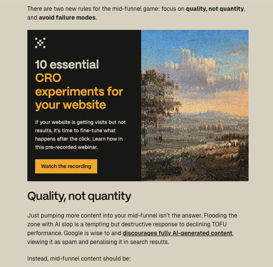 Part of an Articulate blog post showing an in-line CTA for '10 essential CRO experiments for your website'