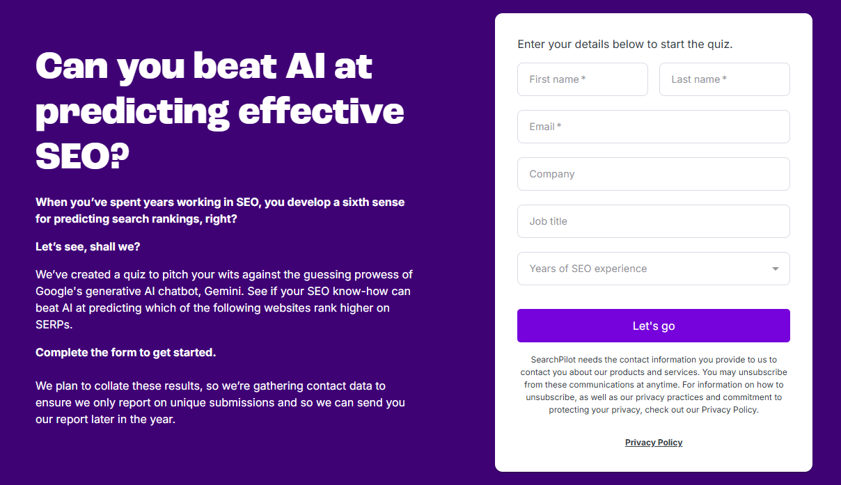 Screenshot of a form on the SearchPilot website. The background is purple and the key text reads 'Can you beat AI at predicting effective SEO?'
