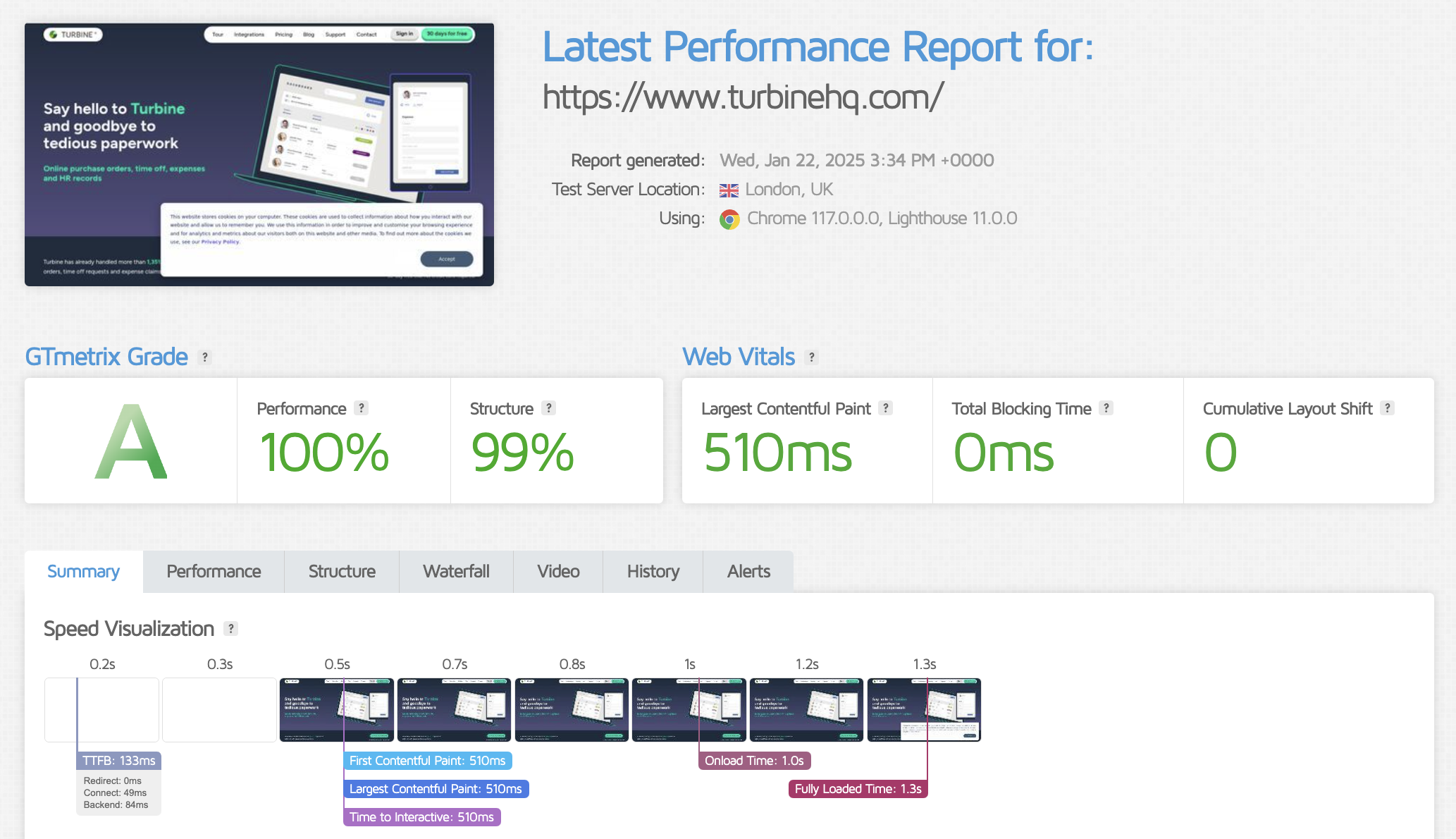 A screenshot showing the site performance metrics of the Turbine homepage. All the metrics are green, indicating excellent performance.